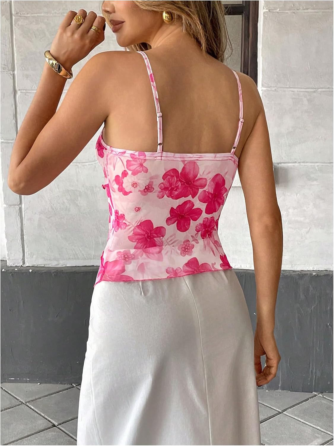 Milumia Women's Floral V Neck Spaghetti Strap Tank Top Layered Asymmetrical Hem Camisoles - Image 3