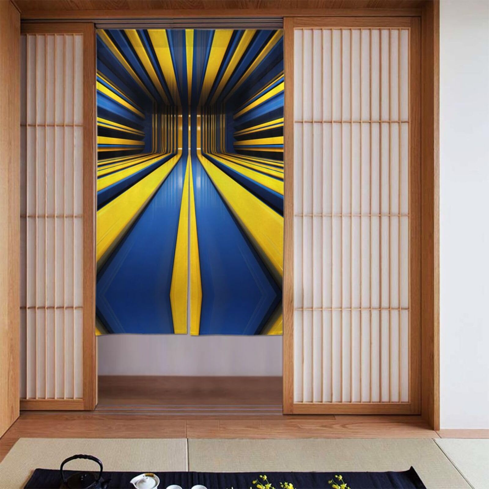 Rideaux occultants pour chambre à coucher au motif rayures jaunes et bleues de 142 x 86 cm