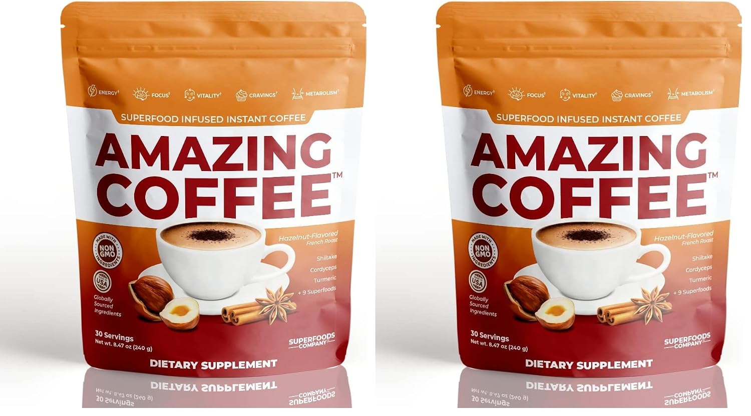 Superfoods Company | Amazing Coffee - Instant French Roast | Adaptogenic Mushrooms, Superfoods - Energy, Focus, Digestion, Immunity - 30 Servings - Hazelnut Flavor (Pack of 2)
