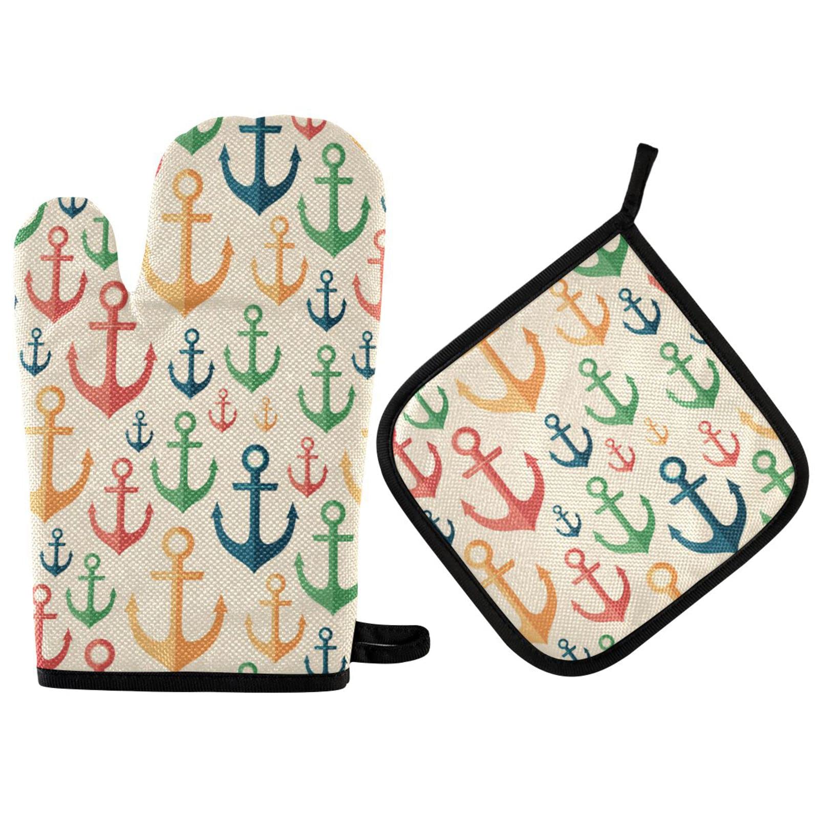 ZZXXB Anchor Colorful Print Oven Mitts and Pot Holders Set of 2 Heat Resistant Non-Slip Kitchen Gloves for Cooking Baking Barbecue Grilling