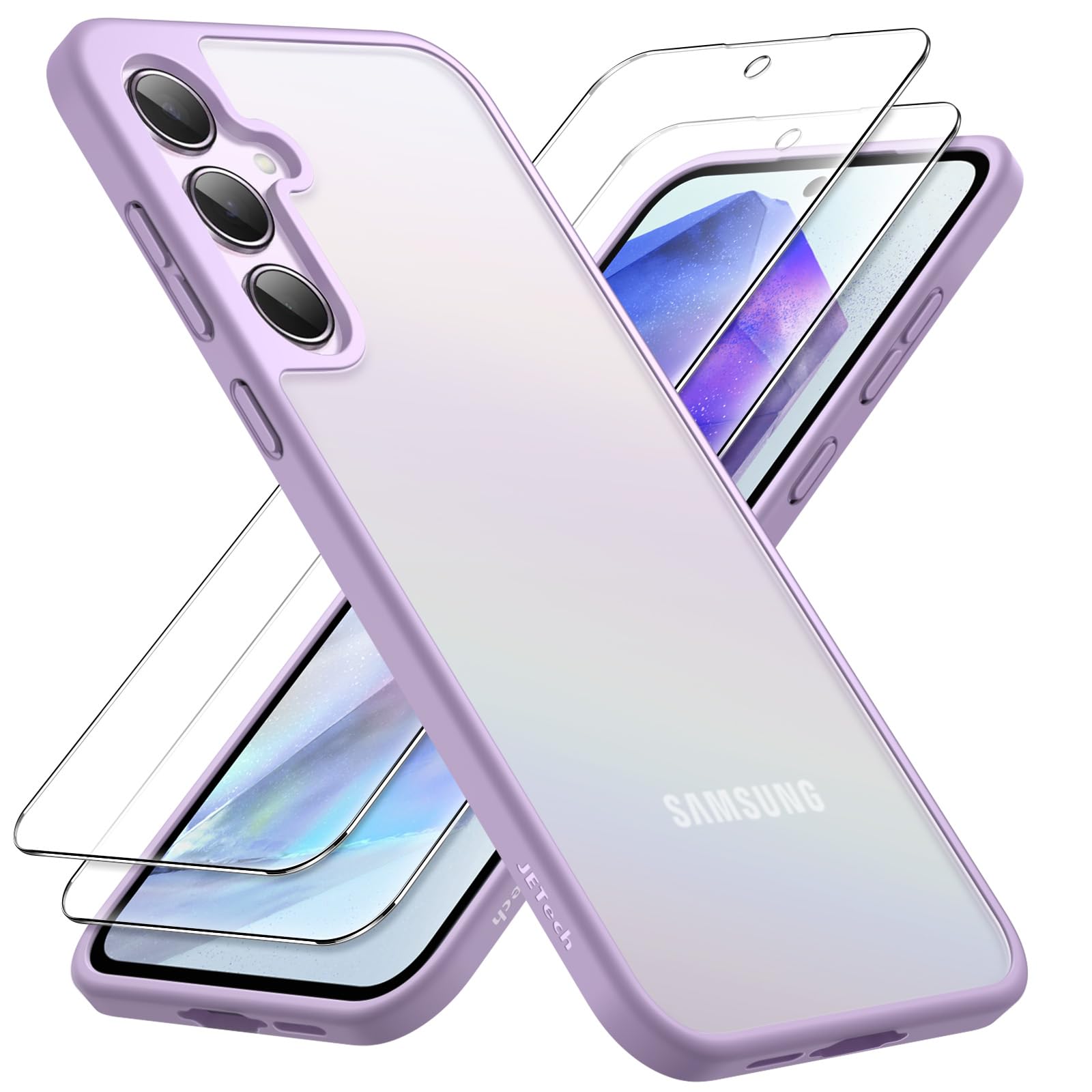 3 in 1 Matte Case for Samsung Galaxy A55 5G with 2-Pack Tempered Glass Screen Protector, Translucent Frosted Shockproof Phone Cover with Camera Protection (Lilac)