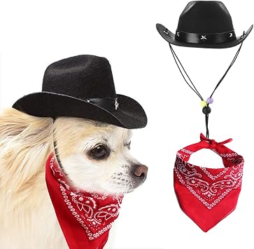 Dog Cowboy Hat and Bandana Scarf Dog Cat Sombrero Puppy Hat Dog Cat Costume Cosplay Cap Puppy Pet Dog Cat Holiday Pet Party Decoration Black