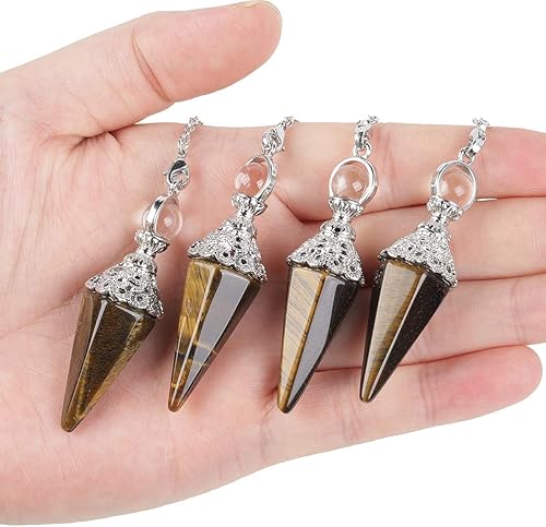 Miniatura 3 de Rockcloud Péndulo puntiagudo de cristal de ojo de tigre natural con cadena de 7 cuentas de piedra de chakra, colgante de chakra Reiki de 6 facetas