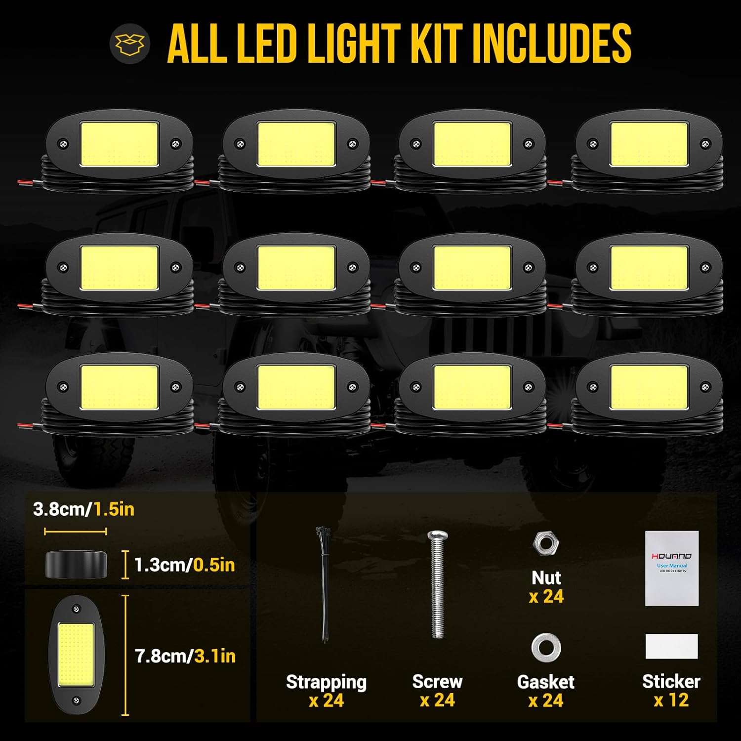 12 Pods COB White Rock Lights, 120 COB Chips 6500K Pure White Super Bright Neon Underglow, IP68 Waterproof Shockproof Off-Road Light Kit for Pickup Trucks, SUV, UTV, ATV, RZR, Cars & Boats