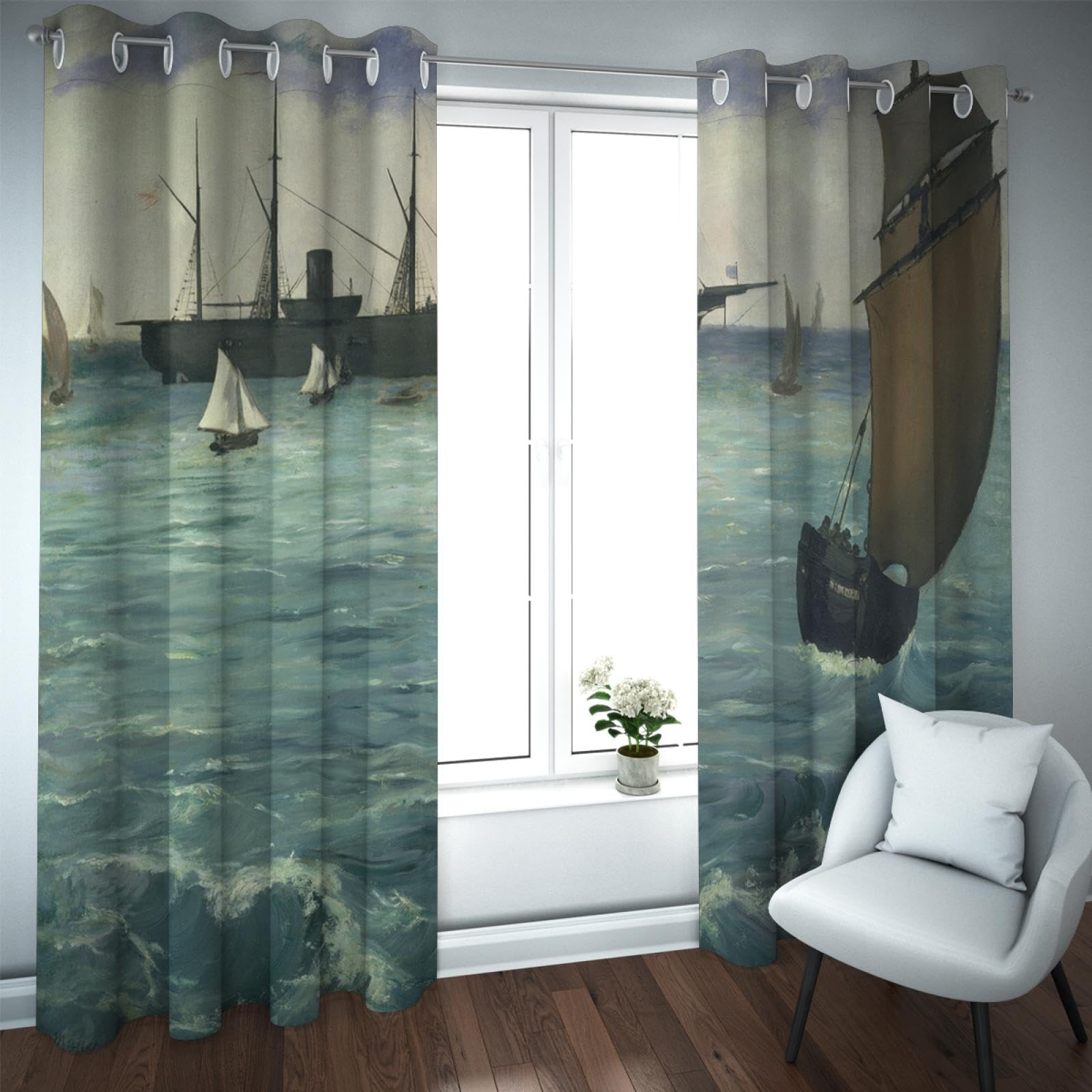 PARREN Blue Blackout Curtain for Bedroom Edouard Manet Style Big Ship on the Sea Famous Paintings Eyelet Curtain for Patio Sliding Door 66x90in