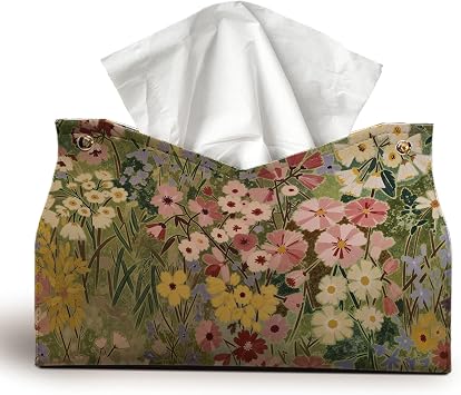 Boho Floral Rrectangle Tissue Box Cover,Green Petal Waterproof Decorative PU Leather Tissue Box Holder for Women,Rustic Floral Tissue Box Cover for Farmhouse Bedroom Vanity Dining Room 9.8x5.9x7In