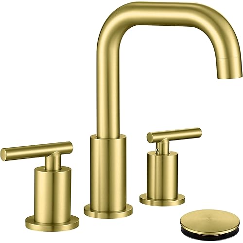 Gold Bathroom Faucet with Drain and Supply Hose, 2 Handles Brushed Gold Widespread Bathroom Faucet for Sink 3 Hole, Bathroom Faucet Gold CH3166BG
