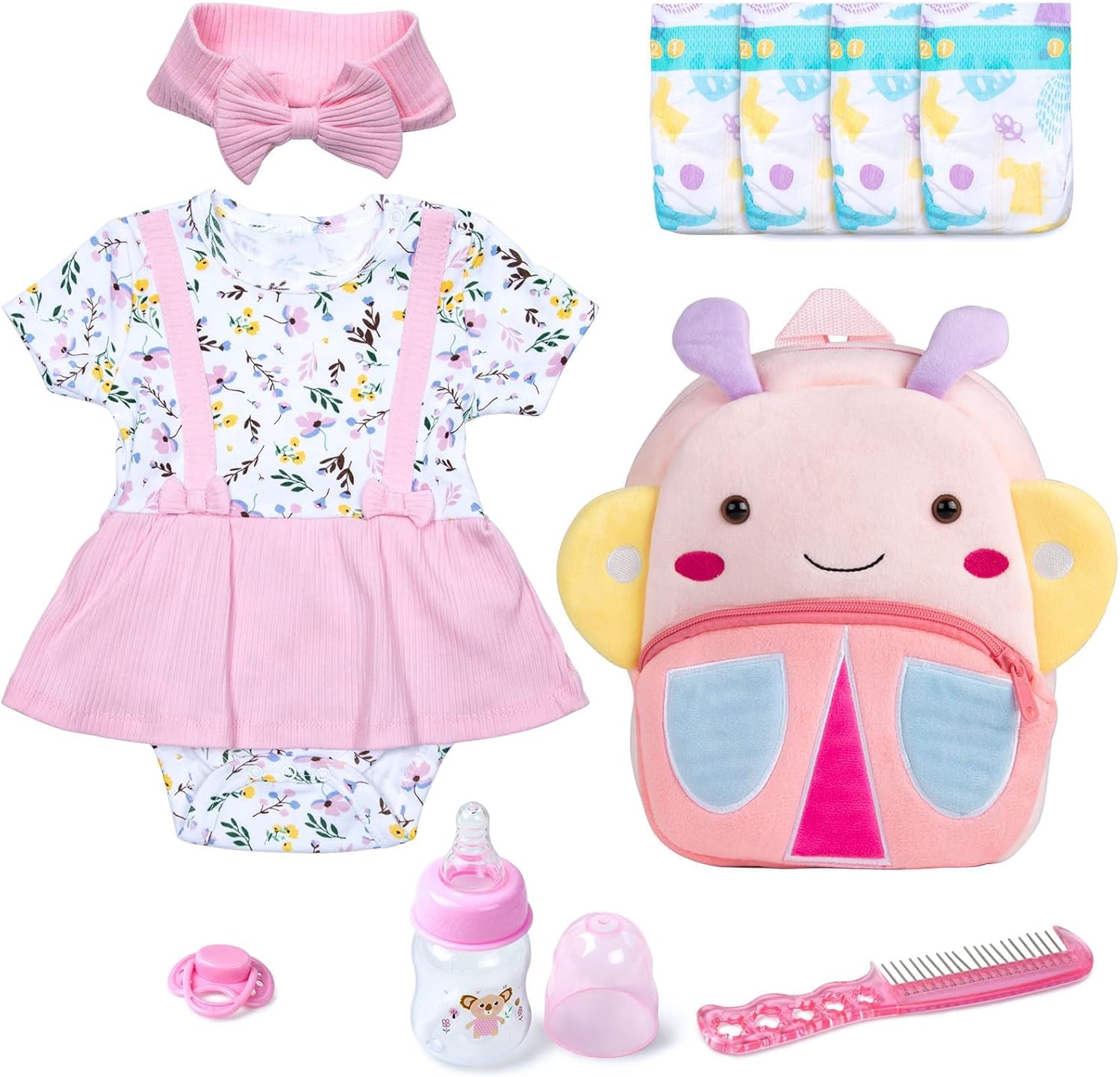 10 Pcs Reborn Baby Doll Clothes Pink Outfit Accessories for 17-22 Inch Reborn Dolls Newborn Girl Baby Clothes Set Flower Dress with Diaper Bag