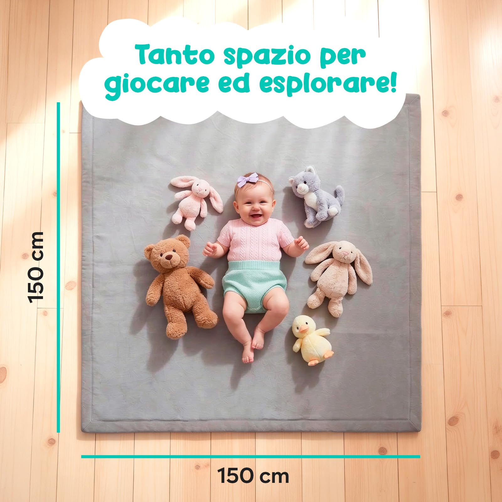 Tappeto Gioco Bambini 150x150 cm – Tappeto per Neonati in Memory Foam Spessa 3 cm – Non Tossico, Antiscivolo e Confortevole – per Attività e Gattonamento – Avec Maman