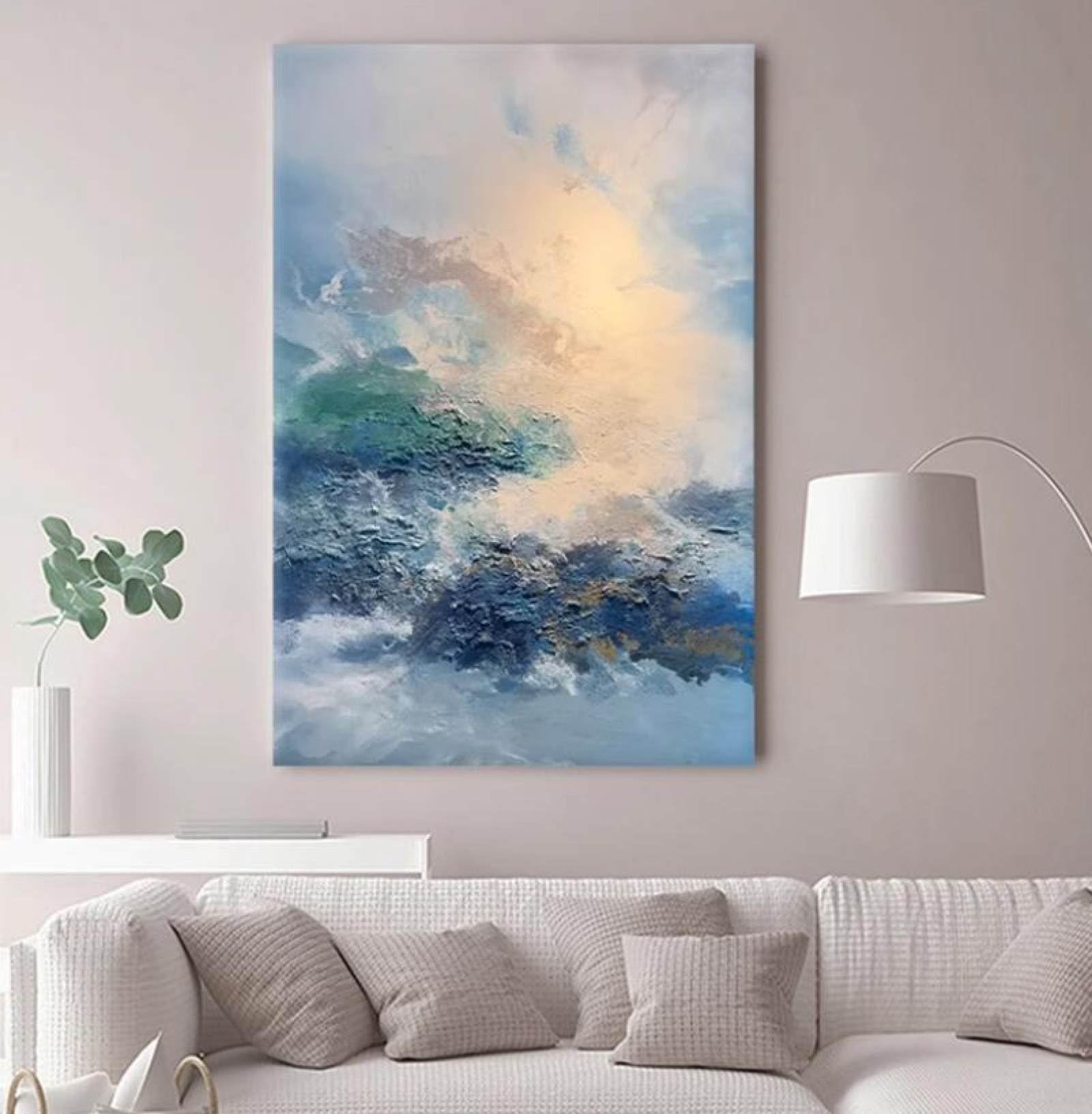 Peinture à l'huile sur toile grand format : texture nuages bleus faite main pour escalier