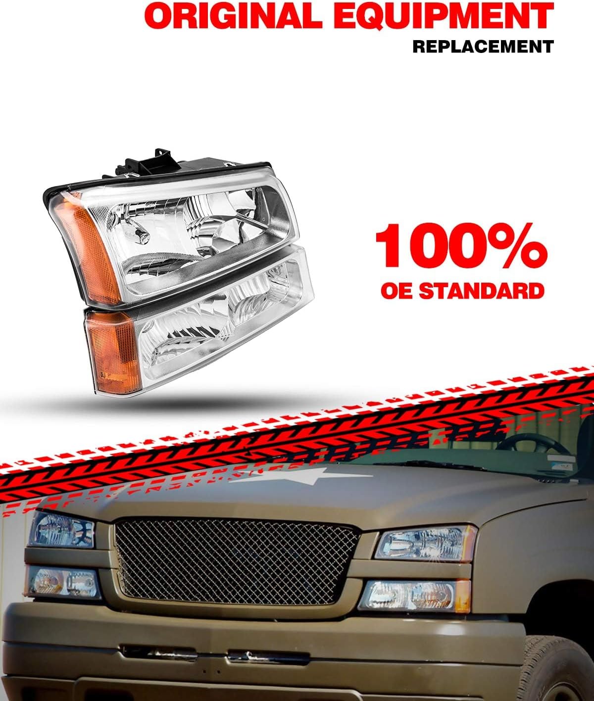 Torchbeam Headlight Assembly Replacement for 2003-2006 Silverado 1500/2500 HD/3500, 2005-2006 Avalanche 1500/2500, Chrome Housing Amber Reflector Clear Lens Driver and Passenger Side