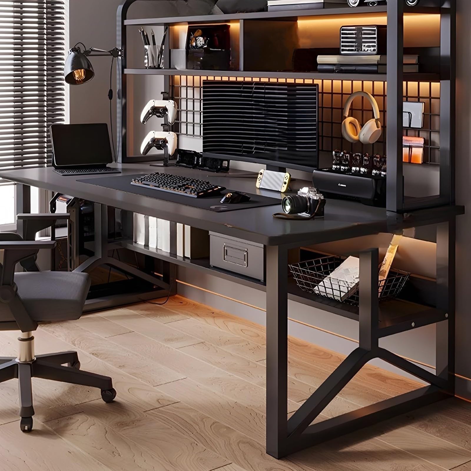 Moderno escritorio de madera para juegos y escritorio de oficina con estantería, elegante escritorio para oficina en casa, 120 cm, diseño funcional y ergonómico, perfecto para trabajar y jugar
