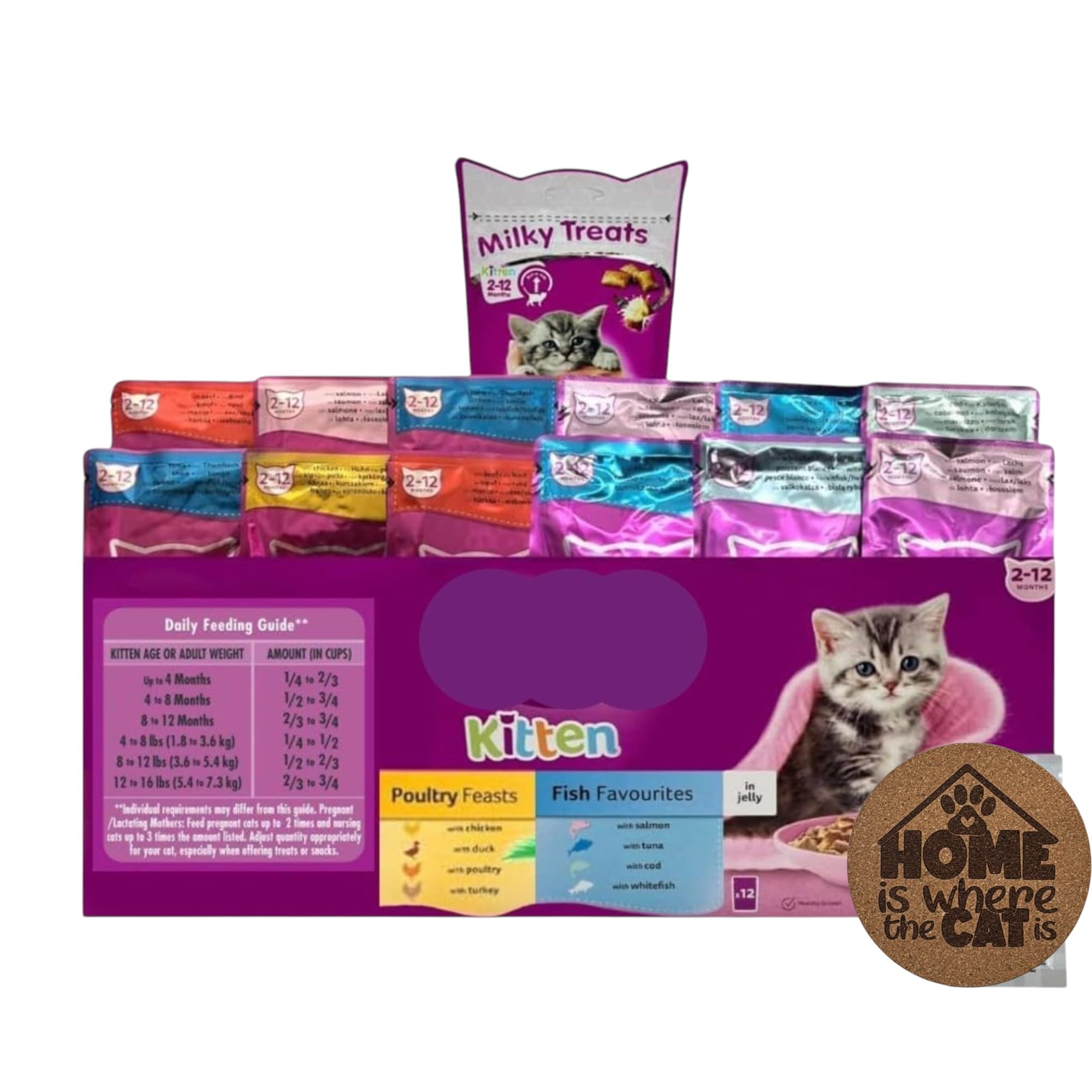 Kitten Wet Mixed Pack 6 Fish 6 Poultry in Jelly with Milky Treats and AETN Creations Cat Coaster, Perfect for Happy, Healthy, Growing Kittens