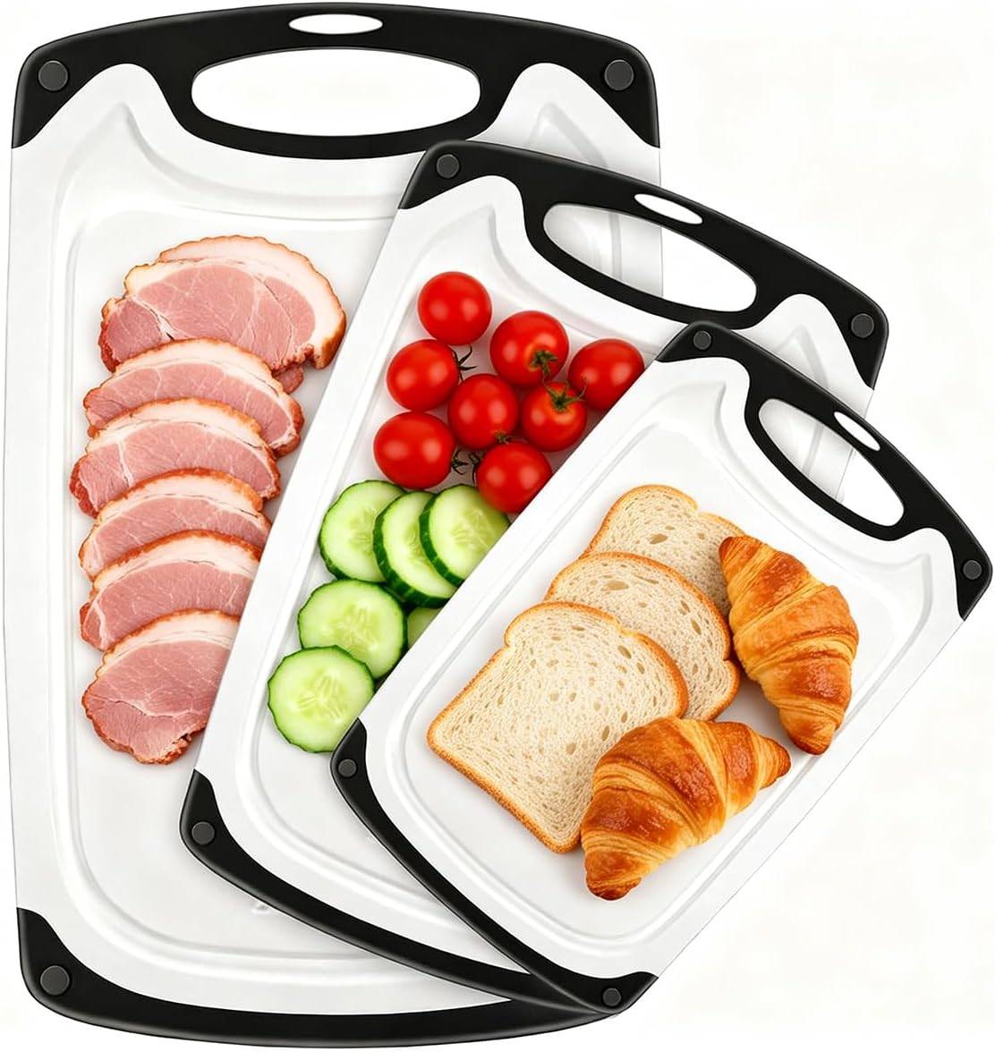 Dishwasher Safe Cutting Board for Kitchen, 3 Pieces, Grinding Area | Plastic Cutting Boards with Juice Grooves, Easy Grip Handle, Non-Slip, Non BPA, White(15.6x9.4/12.4x7.8/9.6x5.7 inch)