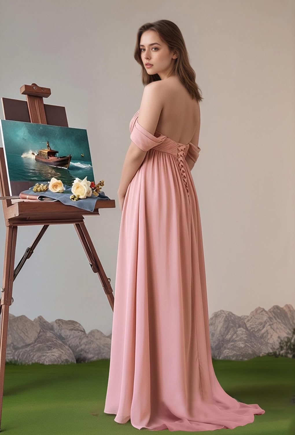 Off Shoulder Maternity Dresses Chiffon Pregnant Gowns 2026 V Neck Long Baby Shower Dress for Photoshoot