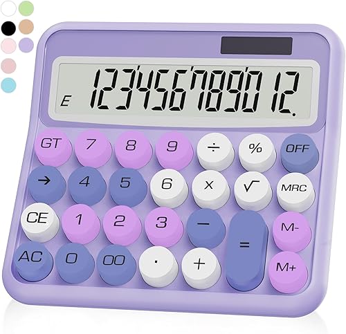 Calculadora morada, 12 dígitos con pantalla LCD grande y botones grandes, accesorios de oficina morados para escritorio de mujer, bonita calculadora