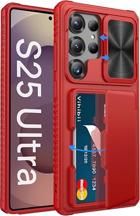Vihibii for Samsung Galaxy S25 Ultra Case with Card Holder 4 Cards, Red
