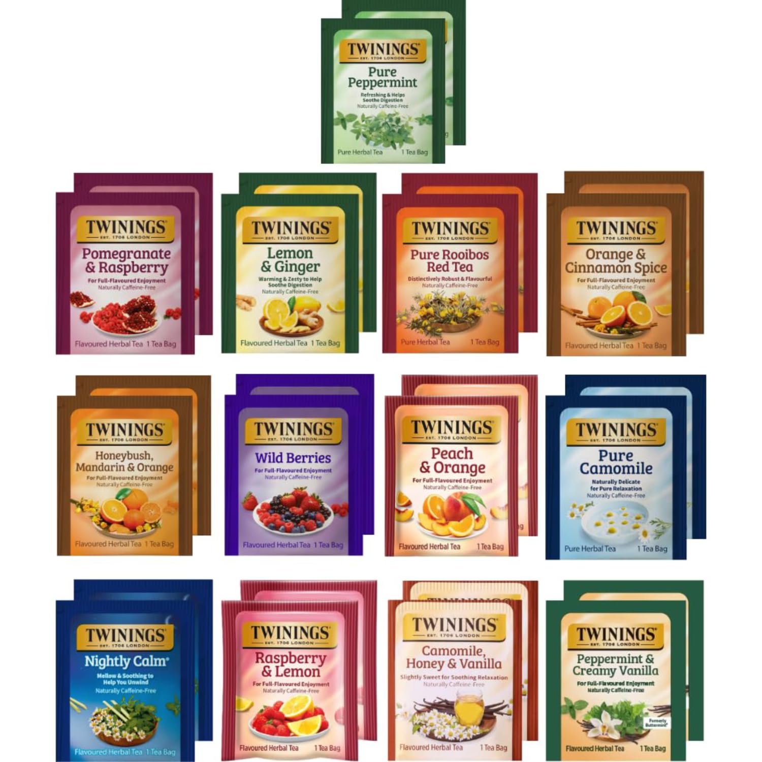 Twinings Herbal Tea Variety Pack Sampler - 26 Caffeine-Free Tea Bags, 13 Flavors: Lemon Ginger, Chamomile, Peppermint & More