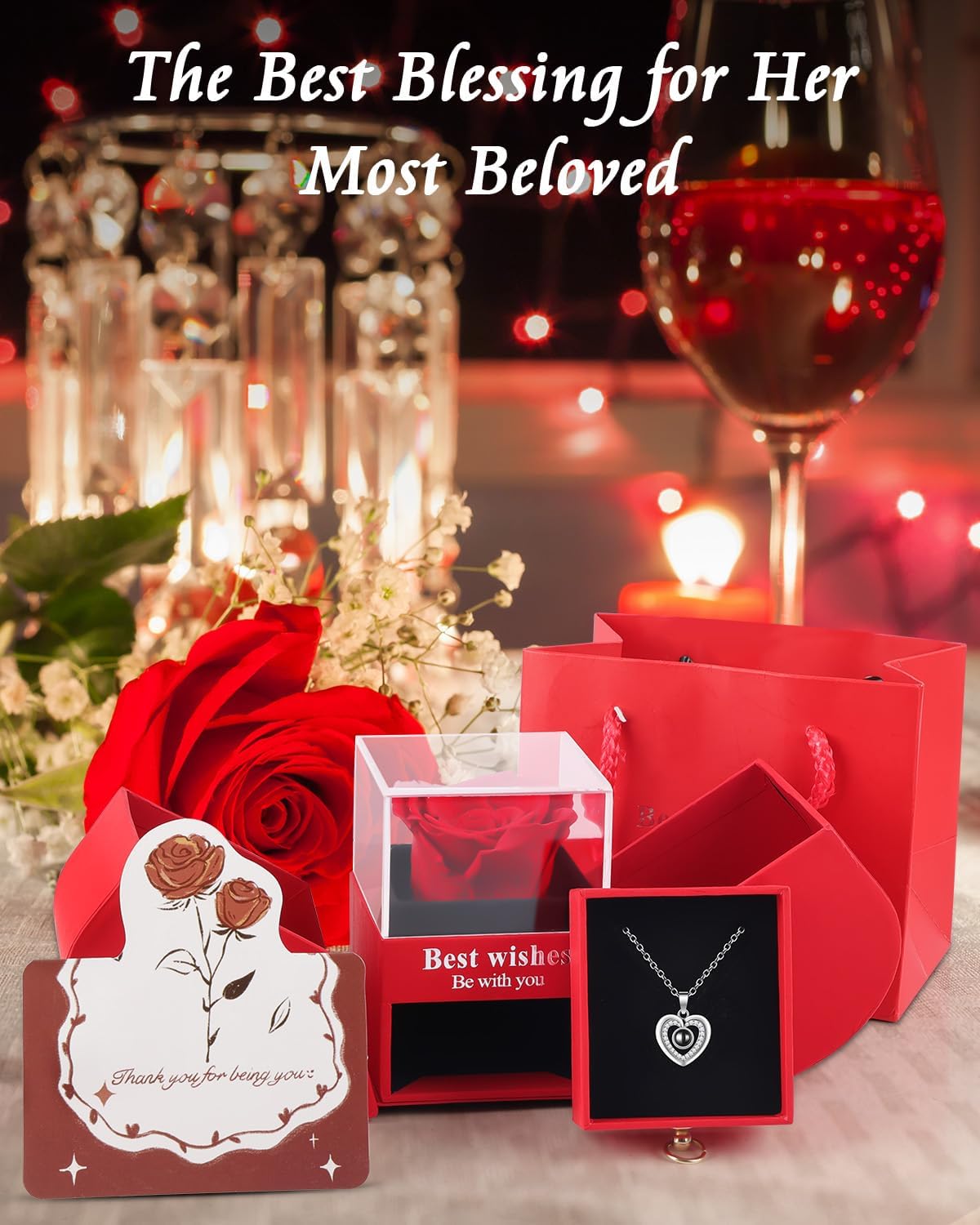 Preserved Red Forever Rose Heart Necklace Gift Box, Eternal Flowers I Love You Projection Jewelry, Romantic Mother's Day Anniversary Birthday Gift Women Her(Wife Girlfriend Mom)