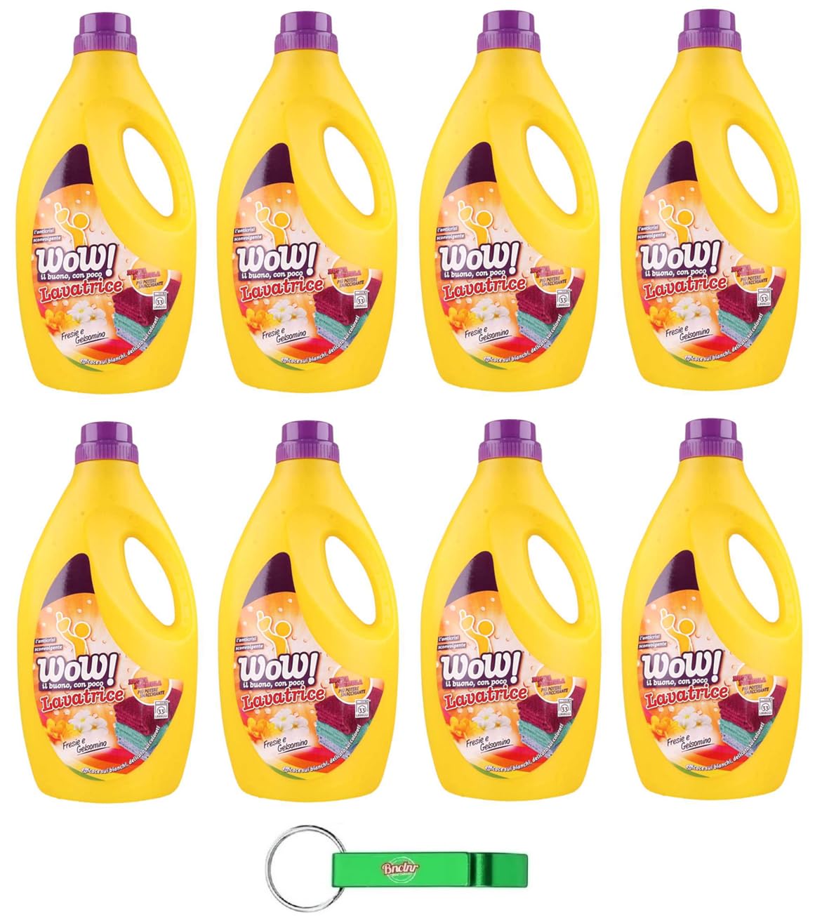 8 X WOW Detersivo Liquido Per Bucato – Detersivo Liquido Detersivo Profumo di Fresia e Gelsomino 28 lavaggi – 1850 ml + Beni Culinari portachiavi gratuito