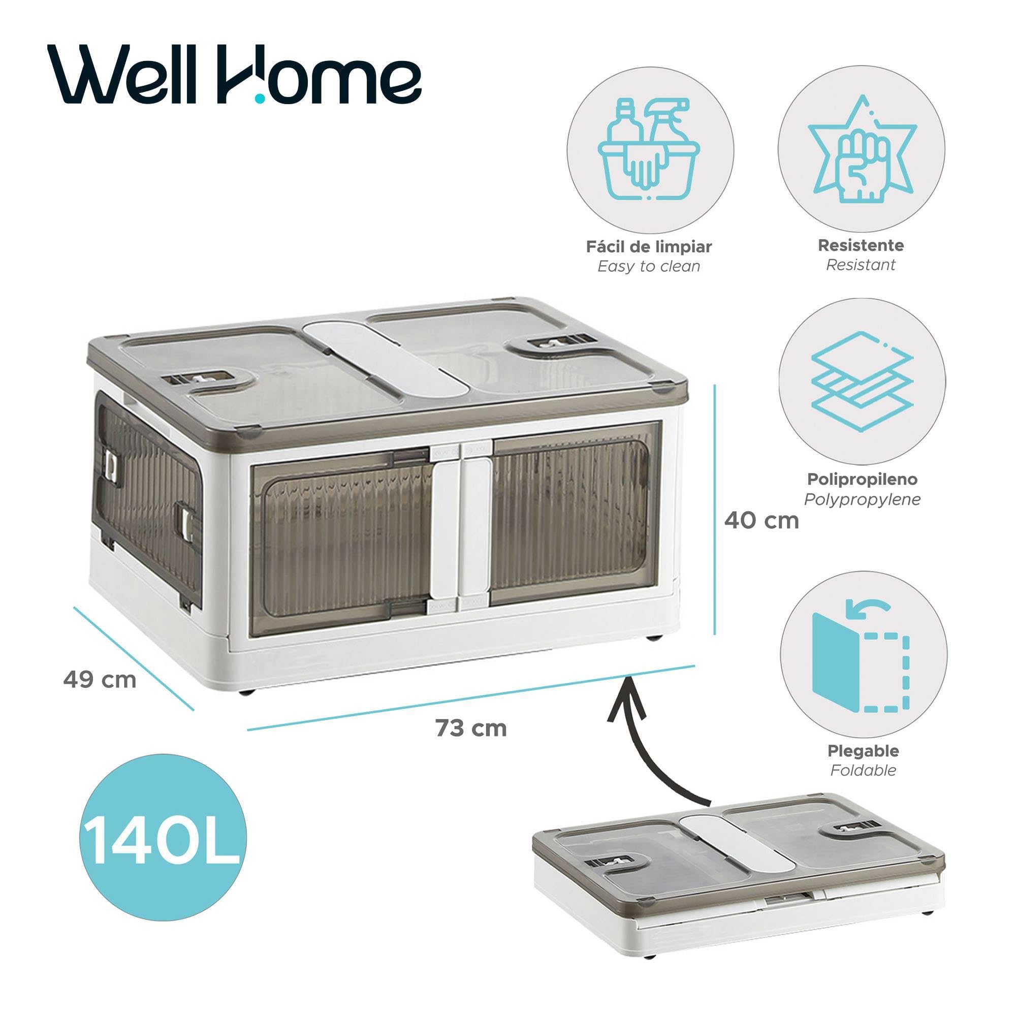 Well Home Caja de almacenamiento plegable multifuncional en color Blanco 2 Niveles, 140L por Nivel, 280 L en Total