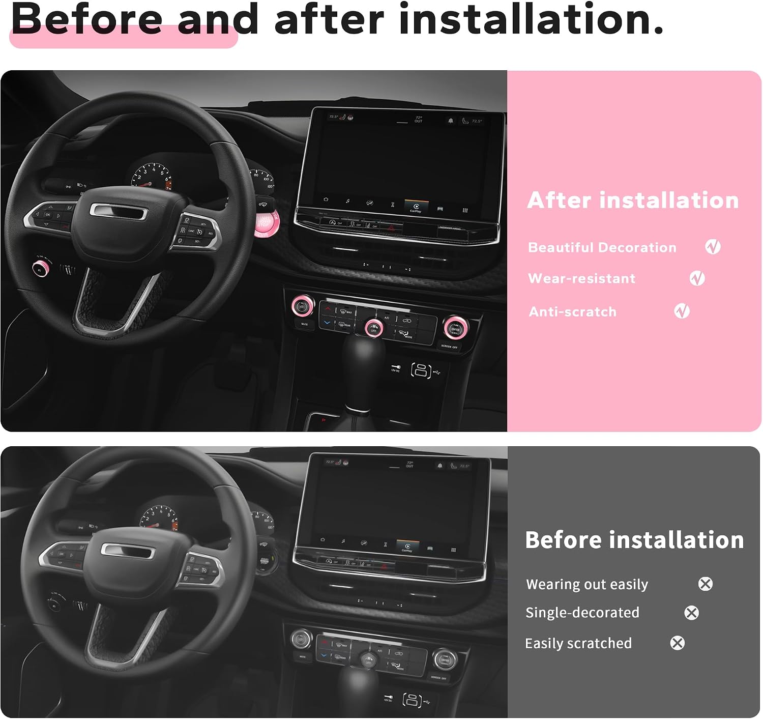 Polodunn for Jeep Compass Accessories 2022 2023 2024 2025, 6pcs Aluminum Alloy Interior Trim Set - A/C, Volume Dial, Headlight Switch Knob Covers & Push Start Button Cover/Ring (Pink)