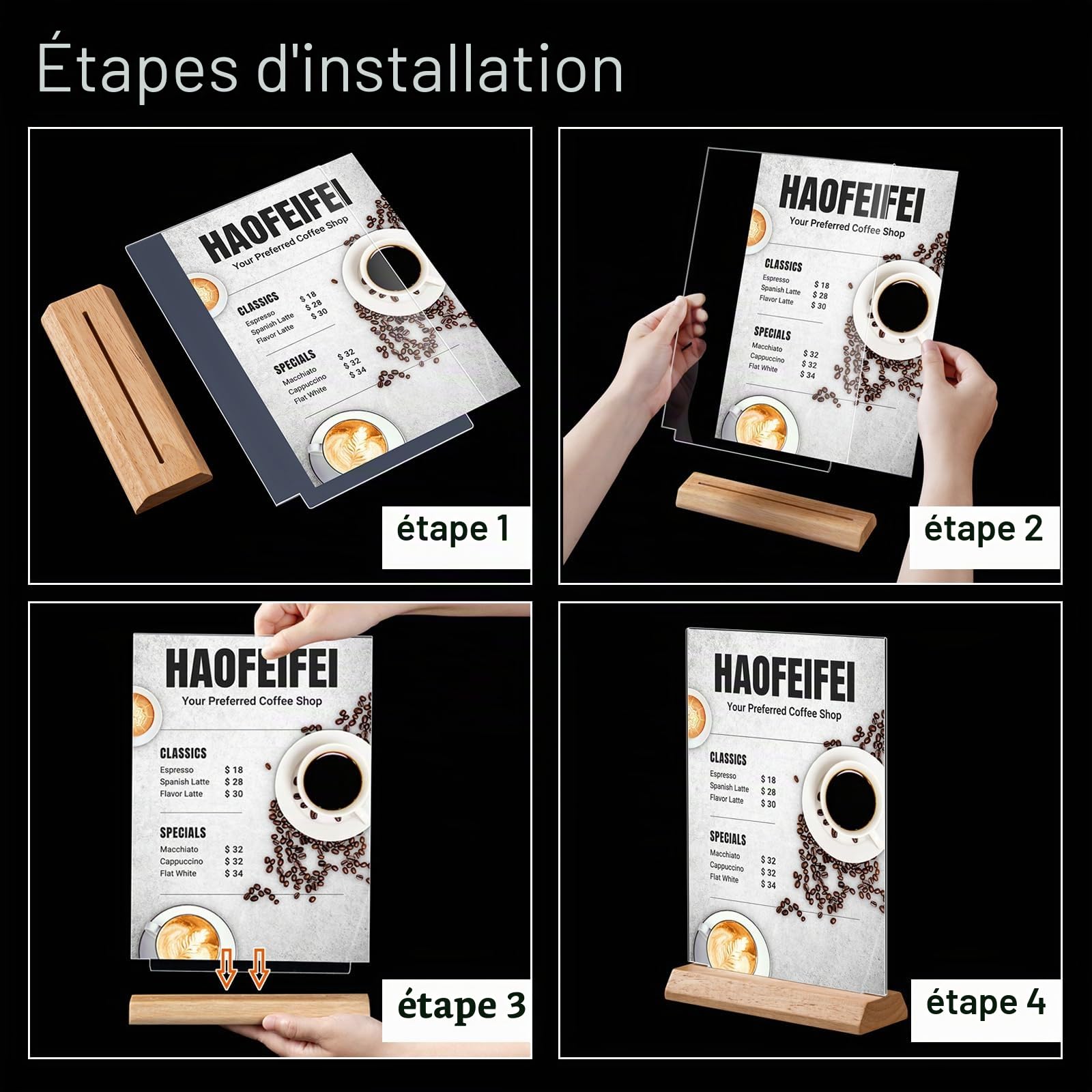 Lot de 5 Présentoir Acrylique A4 avec Socle en Bois, Porte-Menu A4 Double Face, Support Menu de Table T-Forme pour Restaurant Café Hôtel Bar, Insertion Facile Format Portrait