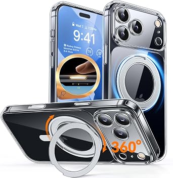 CANSHN 360 Spin Magnetic Stand for iPhone 17 Pro Max Case, Clear | Camera Control Button, Full Camera Protection, Compatible with MagSafe, Crystal Clear, Military Shockproof Protection