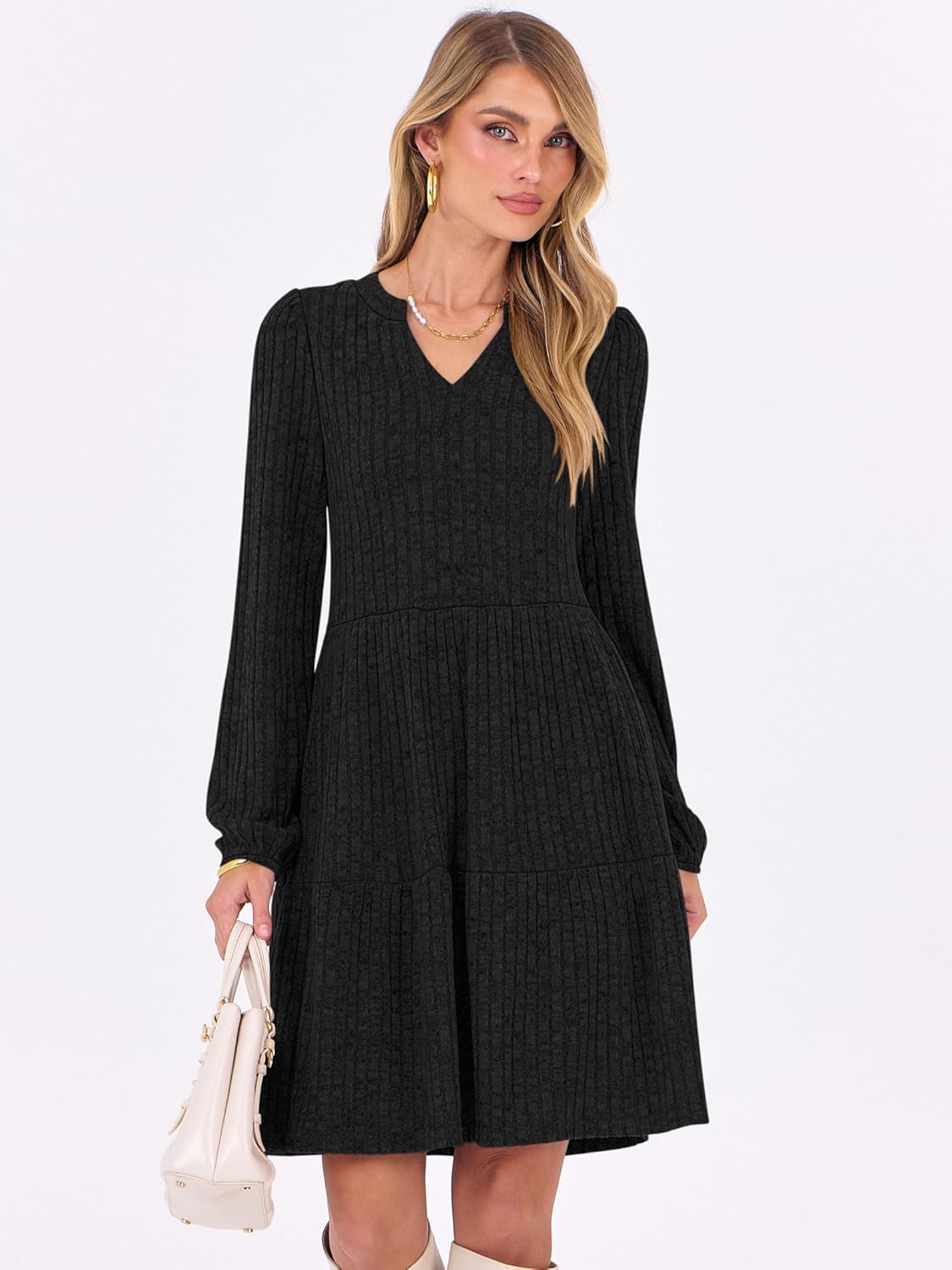 ANRABESS Long Sleeve Dress for Women Fall Fashion Outfits 2025 Casual V Neck Rib Knit Babydoll Sweater Dresses with Pockets - Image 4