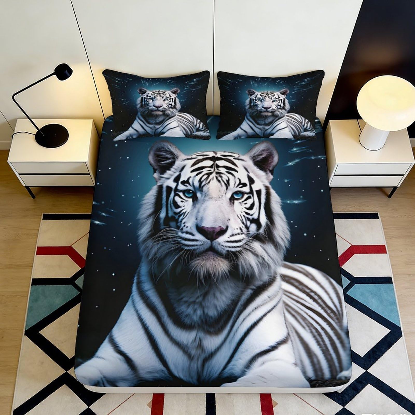 3D Printed White Tiger Fitted Sheet Microfiber Deep Pocket Non-Slip Bedroom Bedding White Tiger Mattress Fitted Cover for Adults Teens 160x200x25cm