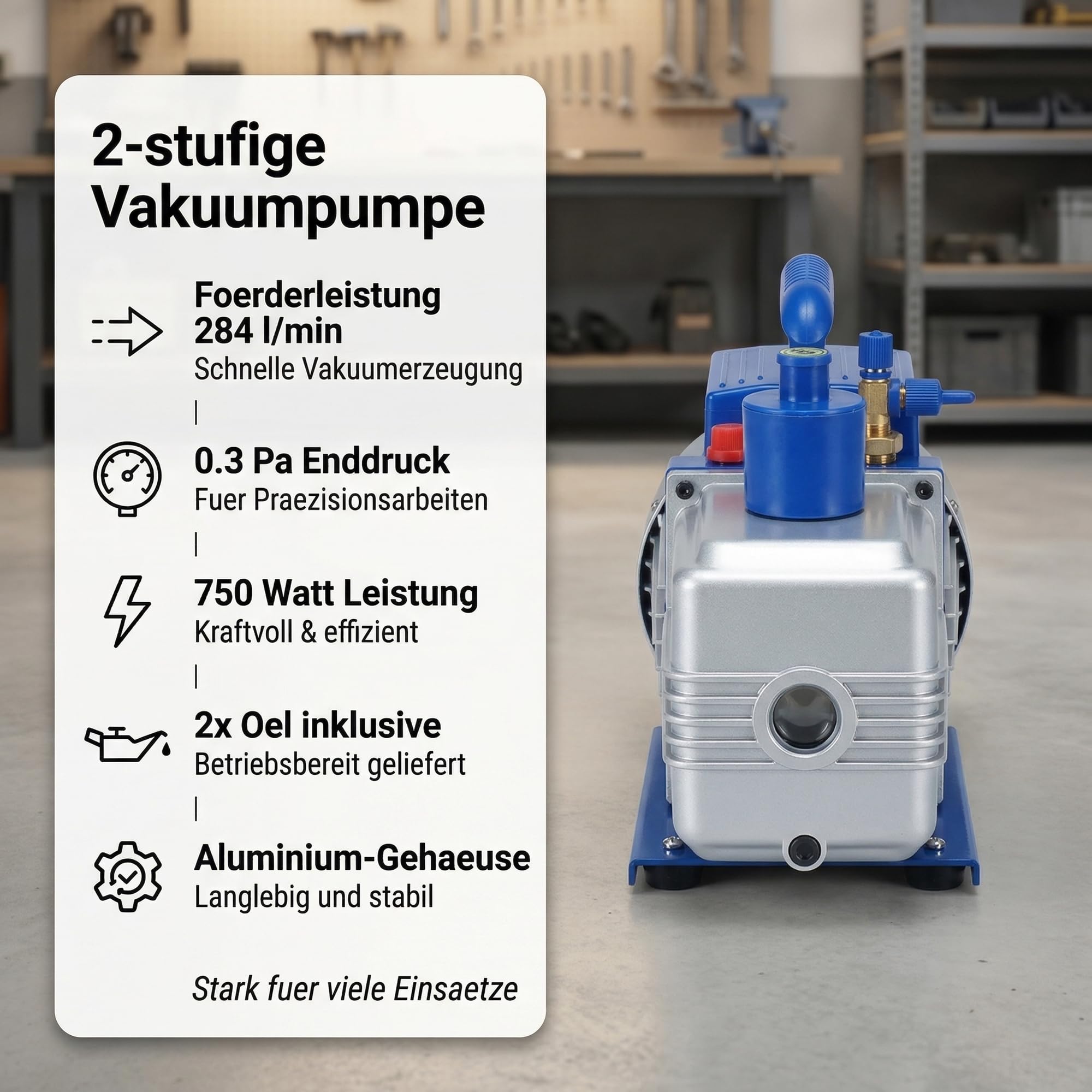 Mucola Vakuumpumpe 2-stufig 284 l/min 10 CFM 0,3 Pa Silber/Blau | Unterdruckpumpe Klimapumpe Aluminiumgehäuse Öl-Schauglas Rückschlagventil | HVAC Pumpe Klimaanlage Kältetechnik Entgasung 230V