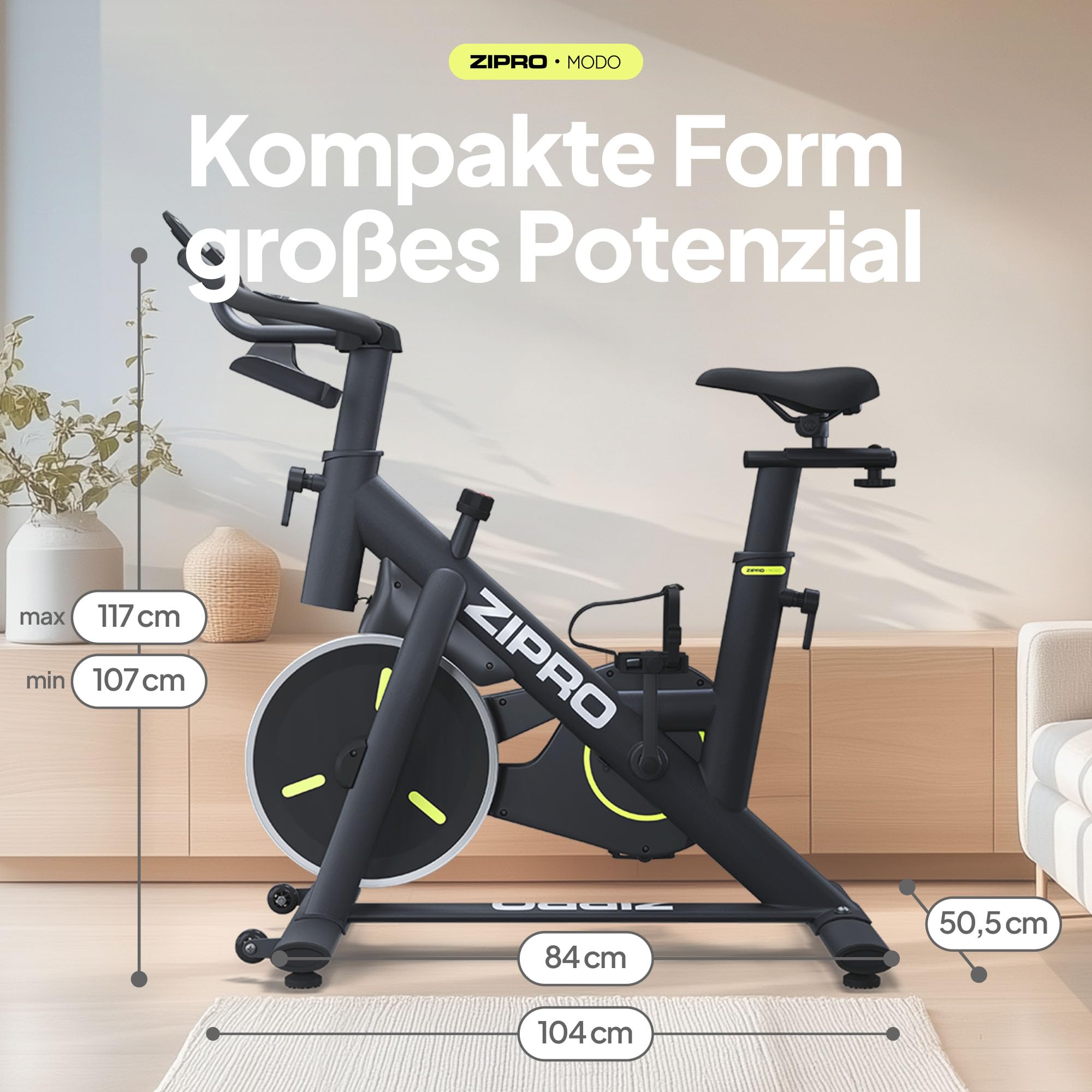 ZIPRO Heimtrainer Fahrrad Hometrainer Ergometer Bike Indoor Exercise für Zuhause Cardio Fitnessgerät Stationary 120 kg Belastbar mit App Zimmerfahrrad Fahrradtrainer Bildschirm – MODO