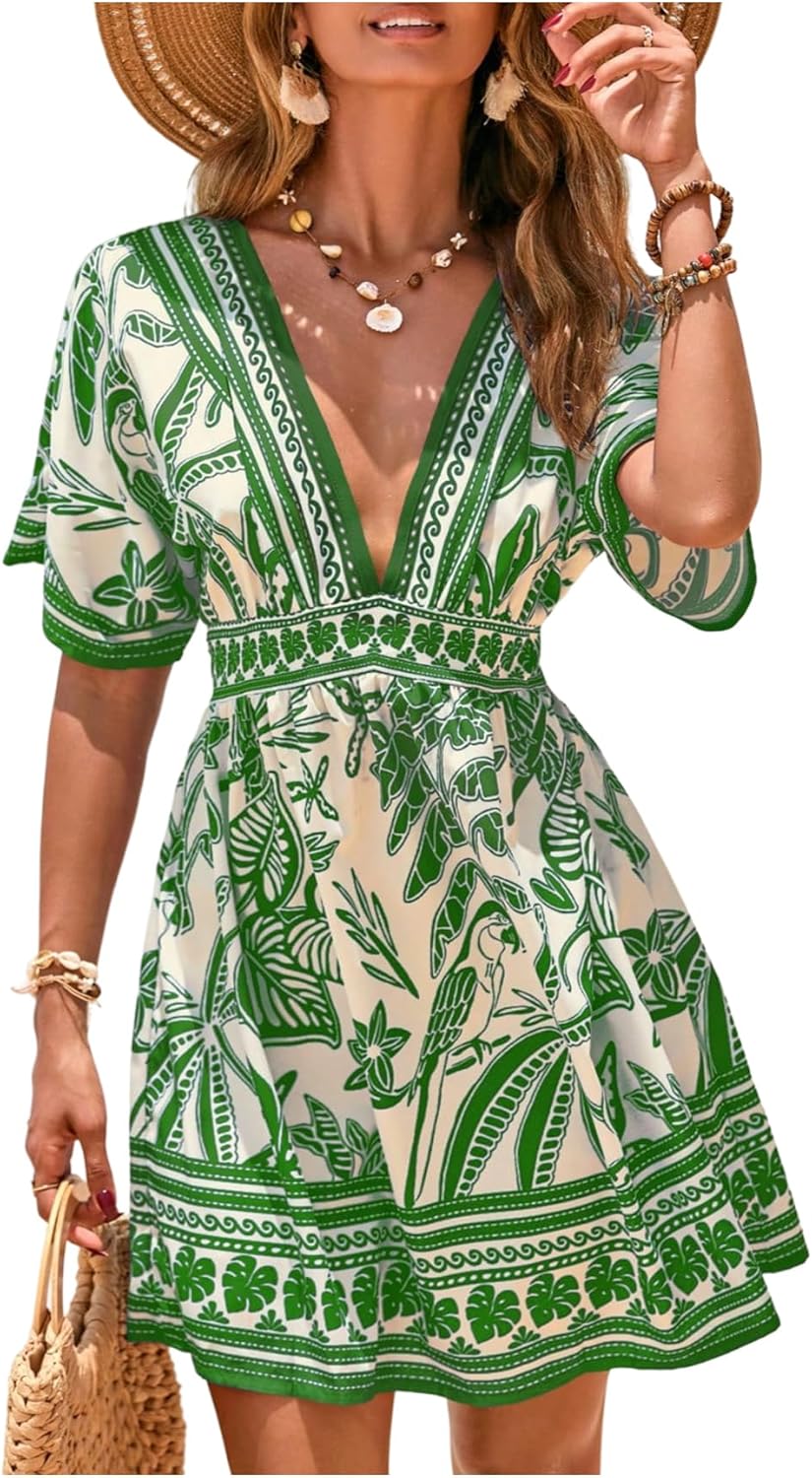 Floerns Women's Swim Dress Boho Beach Cover Up Short Sleeve V Neck Swimwear Vacation Outfits
