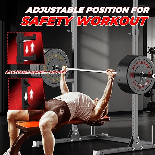 Miniatura 5 de papababe Estante para sentadillas con barra de dominadas, estante de potencia multifuncional con ganchos en J y brazos de seguridad, estante de