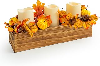 Thanksgiving Centerpiece with 3 Flameless Candle, Harvest Centerpiece Candle Holder Autumn Fall Decorations Artificial Pumpkin Maple Leaf for Thankgiving Table Kitchen Décor