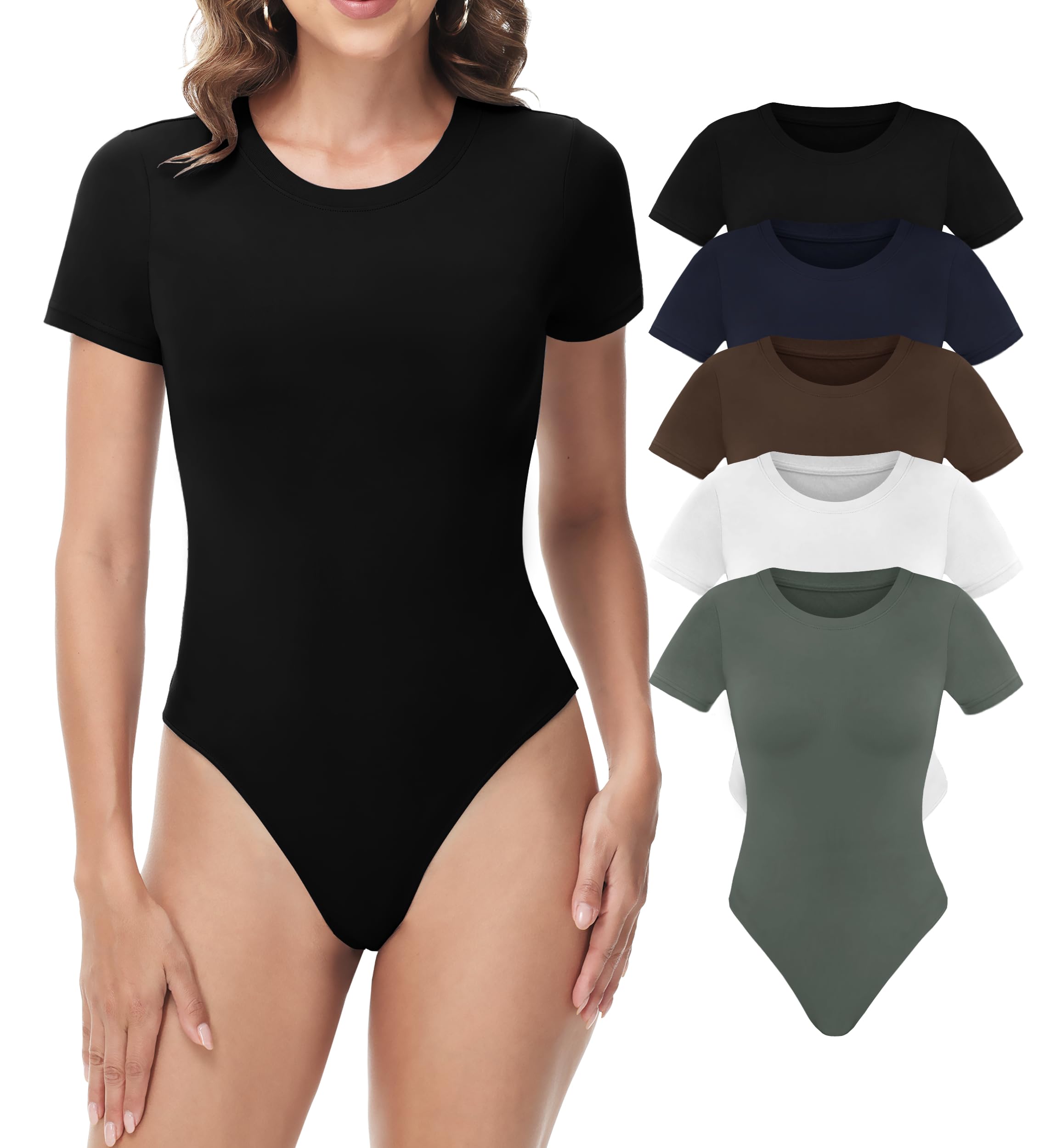 Sundwudu5 Pack Body suits for Women - Stretchy Bodysuit Womens Tops Round Neck T Shirts for Women