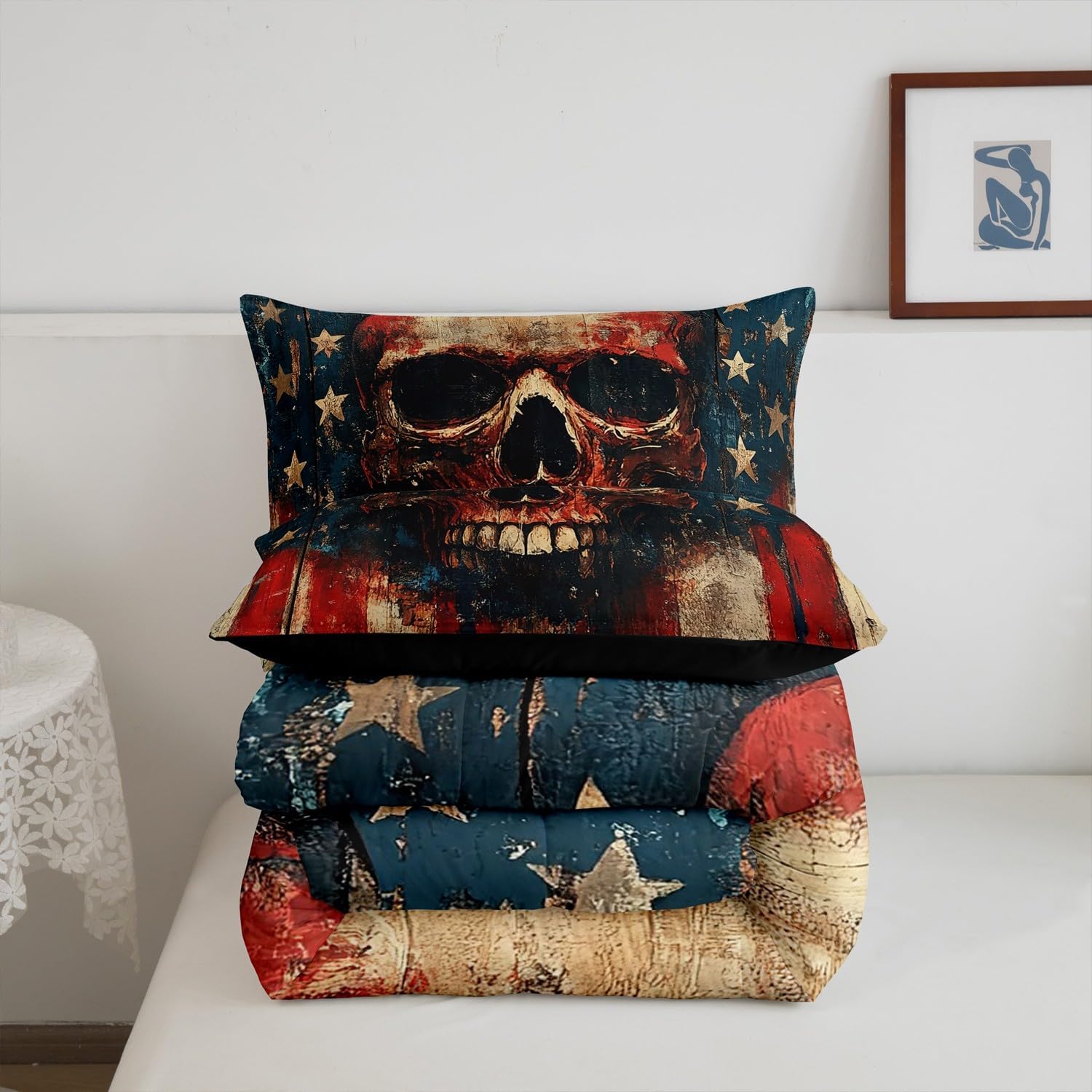 Manfei Gothic Skull Comforter Set Queen Size,Vintage American Flag Stars Stripes Graffiti Bedding Set 3 Pcs for Teens Adults,Mystic Skeleton Rustic Brown Wooden Plank Down Comforter,2 Pillowcases