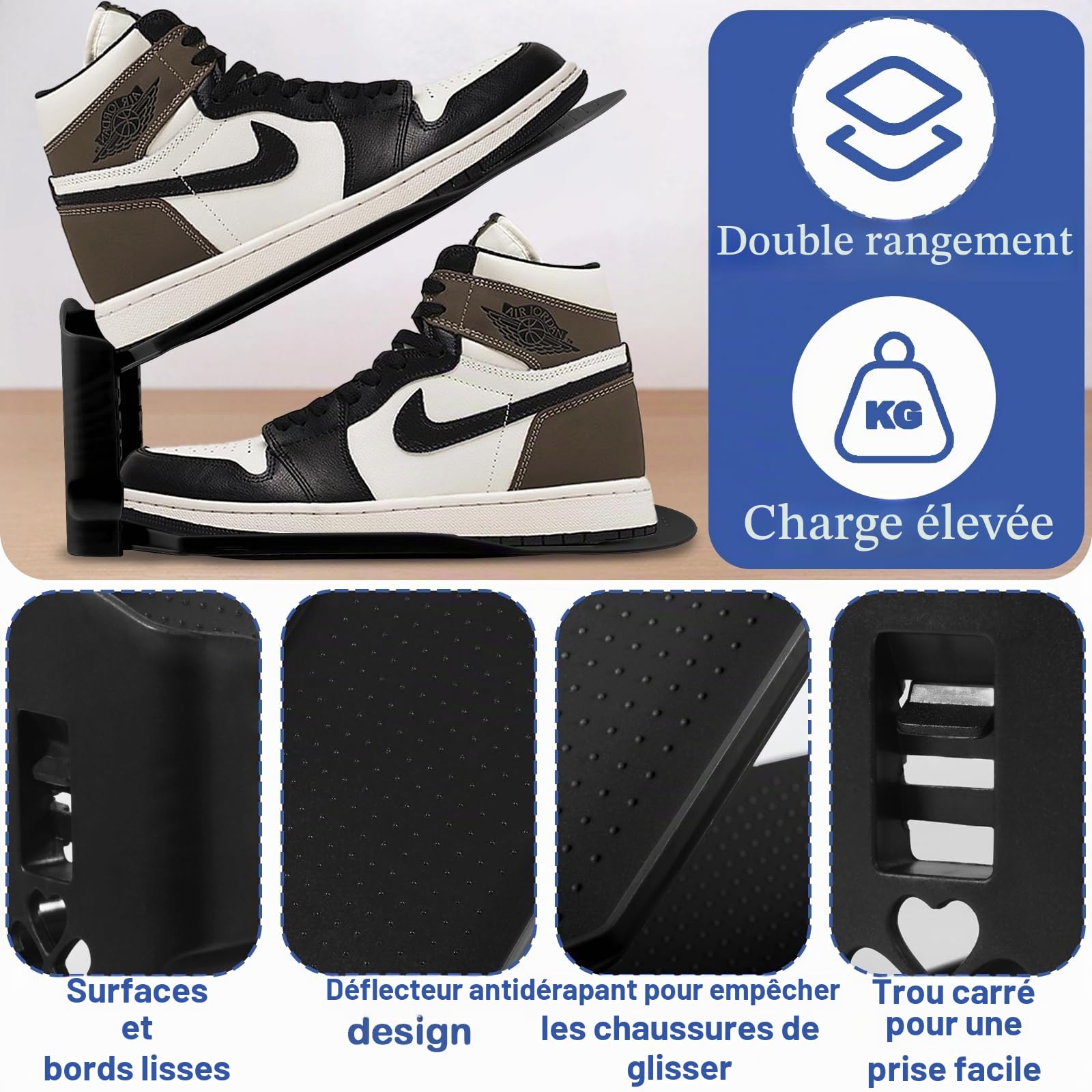10PCS Support à Chaussures Réglables - Organiseur et Rangement Empilable - Gain de Place - Matériau PP Durable et Facile D'entretien (Noir)