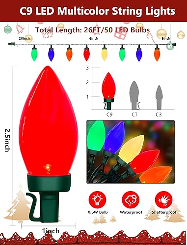 Miniatura 2 de GOOTHY Luces de Navidad C9 para exteriores, 26 pies, luces para exteriores con 50 bombillas C9 para patio, techo, árbol, decoración de Halloween