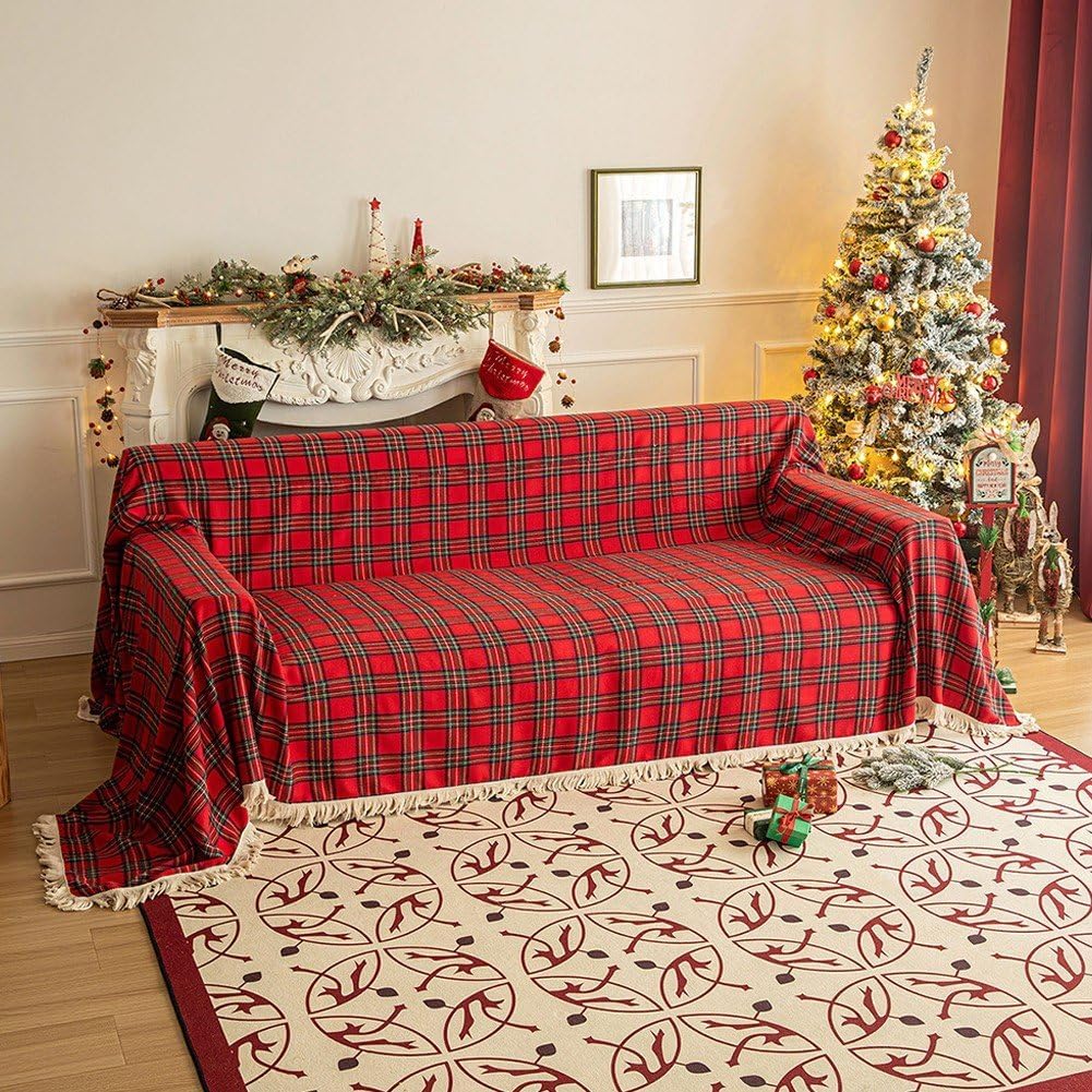 Christmas Plaid Couch Cover with Tassel, Washable Sofa Covers Couch Furniture Protector Seat Slipcover for Living Room