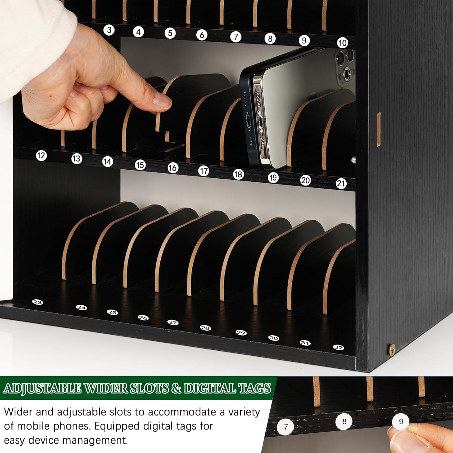 Echaprey Cell Phone Holder Classroom Adjustable 33 Slots Pocket Chart Wooden Cell Phone Storage Cabinet with Handle and Lock Desktop Cell Phone Holder for Classroom Office (Black)
