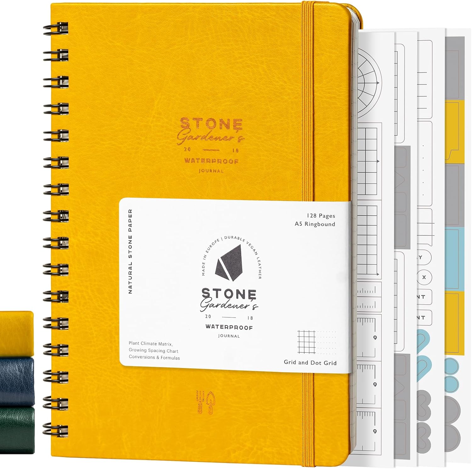 Stone Weatherproof Journal Gardening Notebook – A5 Ring-Bound, Vegan Leather Cover, Waterproof Paper, 128 Pages Half Grid & Dot Grid, Garden Planner with Plant-Spacing Resources (Yellow)