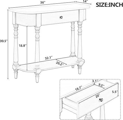 Miniatura 2 de Knocbel Mesa consola de entrada vintage con cajón de almacenamiento y estante abierto, mesa de sofá de entrada con patas, fácil montaje (blanco y
