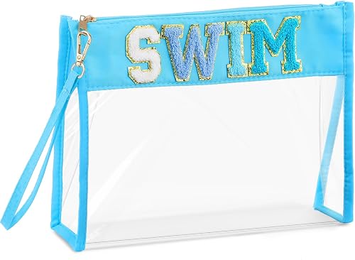 Remerry Clear Chenille Letter Makeup Bag Stand up Snack Bags Preppy Cosmetic Pouch Expandable Clear Travel with Wrist Strap Zipper Portable Multipurpose PVC Nylon for Women Travel(Blue-green,Swim)