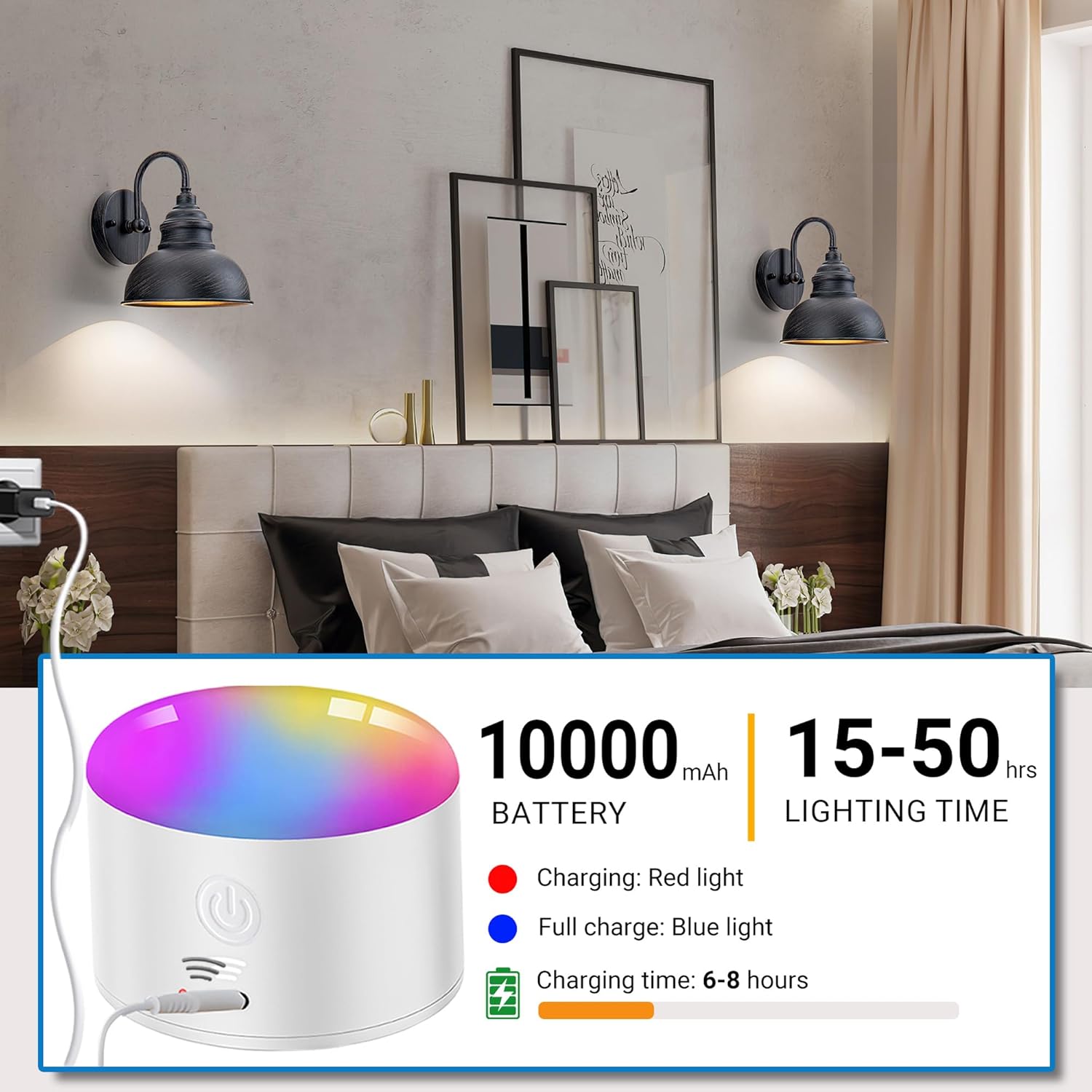 Battery Operated Wall Sconce Set of 2, Wireless Wall Lights with 10000mAh Dimmable Bulbs and Remote, 10 Colors Rechargeable Wall Lamps for Bedroom Living Room Hallway Decor