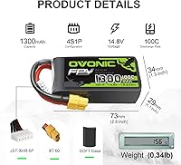 Vista 2 de OVONIC 4s Lipo Battery 100C 1300mAh 14.8V Lipo Battery with XT60 Connector for RC FPV Racing Drone Quadcopter