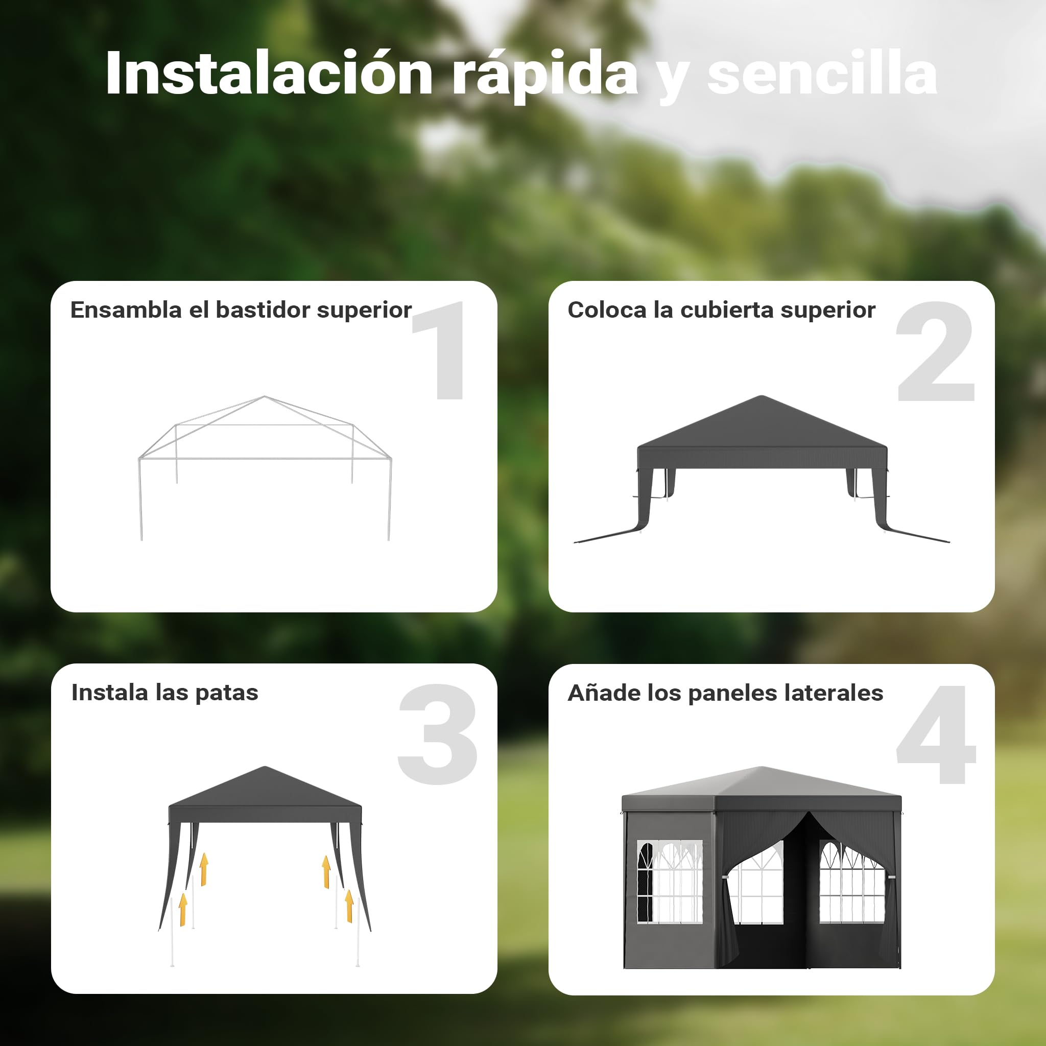 Toboli Pabellón 3 x 3 m en gris con protección UV 50+, gazebo de jardín con laterales desmontables, carpa para fiestas con ventanas, por ejemplo, para terrazas y festivales