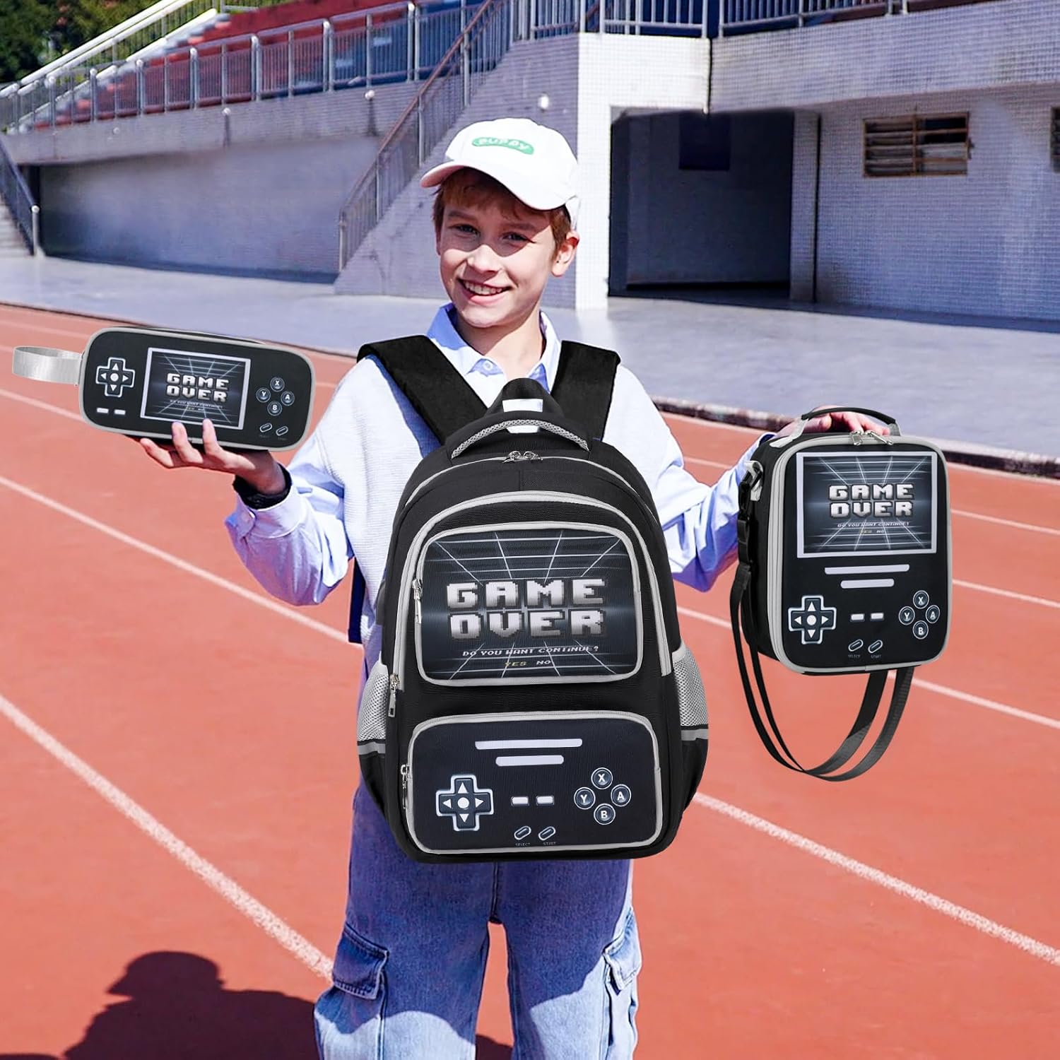 ACESAK Gamer Backpack for Boys - Cool Luminous School Bag with Lunch Bag Pencil Case - Kids Backpack Elementary Middle School Book Bags for Teen Boys with USB Charging Port (Black Grey)