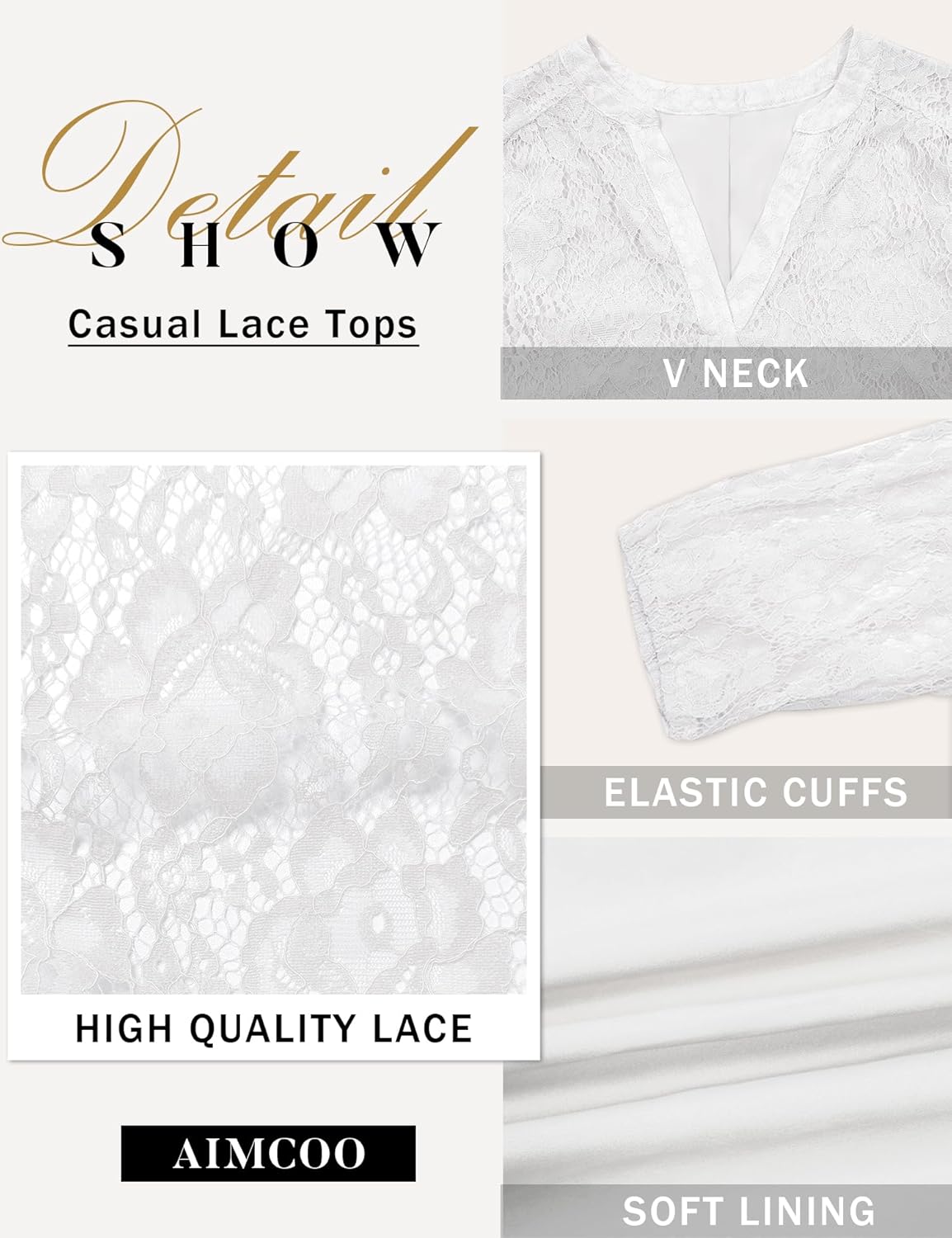 AIMCOO Lace Tops for Women 3/4 Sleeve V Neck Elegant Blouses Dressy Casual Boho Floral Business Shirts - Image 5