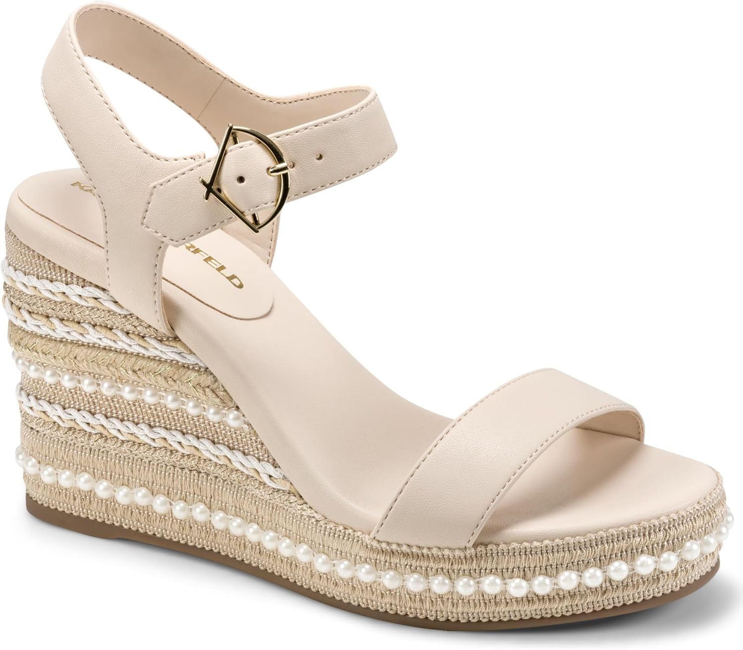 KARL LAGERFELD Women's Calzona Wedge Sandal With Pearl Embellishments